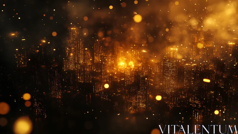Volumetric city skyline rendered with golden luminescence and bokeh atmospheric particles
