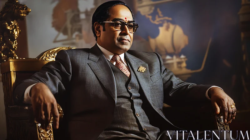 Businessman seated in ornate chair in formal interior.