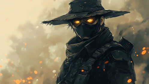 Masked wanderer with glowing eyes in smoky emberscape.