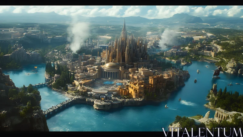 Expansive lake citadel with radial fortifications and tiered spires