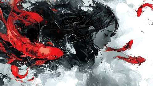 Monochrome girl immersed with vivid red koi in swirling currents.
