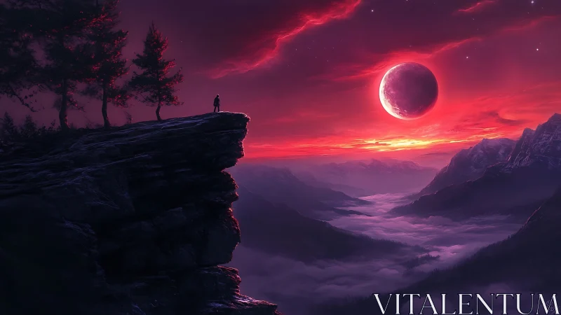 Crimson eclipse over misted valley with lone cliff figure.
