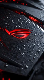 Close-up of red illuminated logo on wet dark surface.