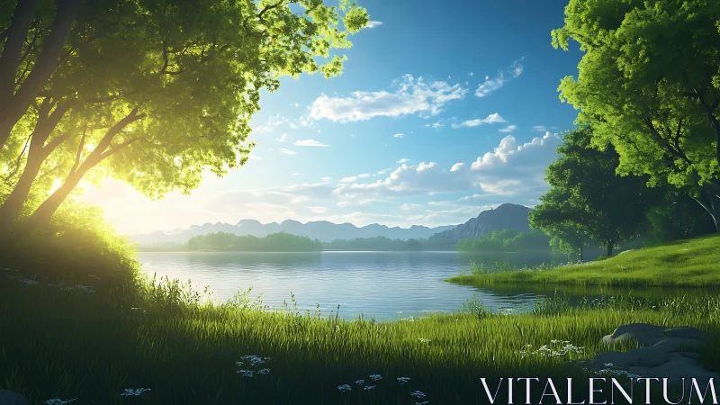 Sun-kissed lakeside meadow where morning light lingers long.