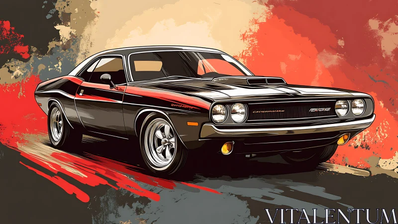 Midnight muscle car streaking through brushstroke thunderstorm.