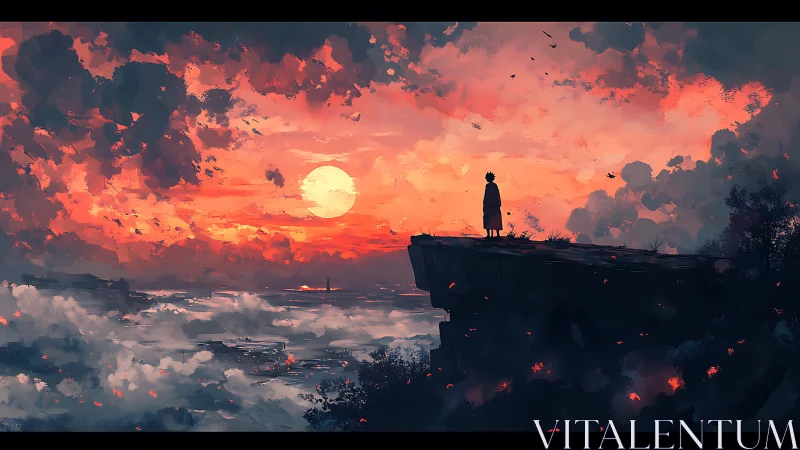 Silhouette stands on cliff above ocean at vivid red sunset