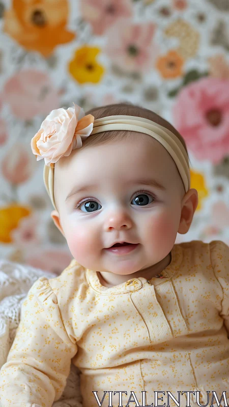 Infant Portrait with Peach Floral Headband Against Botanical Backdrop