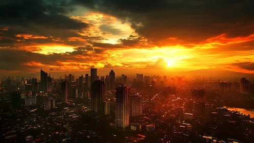 Urban skyline silhouettes ignite under molten sunset sky.