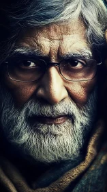 Photorealistic elder portrait with dramatic chiaroscuro focus.