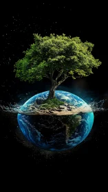 Lone tree rises from split Earth sphere in deep space