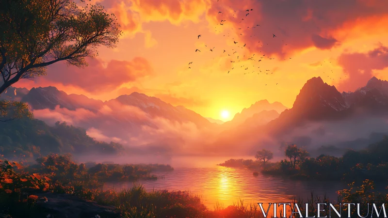 Sunset illuminates misty mountains above reflective lake