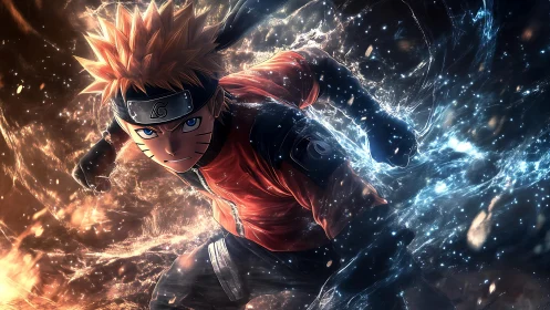 Dynamic anime ninja charging through swirling energy field.