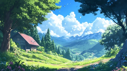 Sunny mountain meadow with cottage and distant peaks.