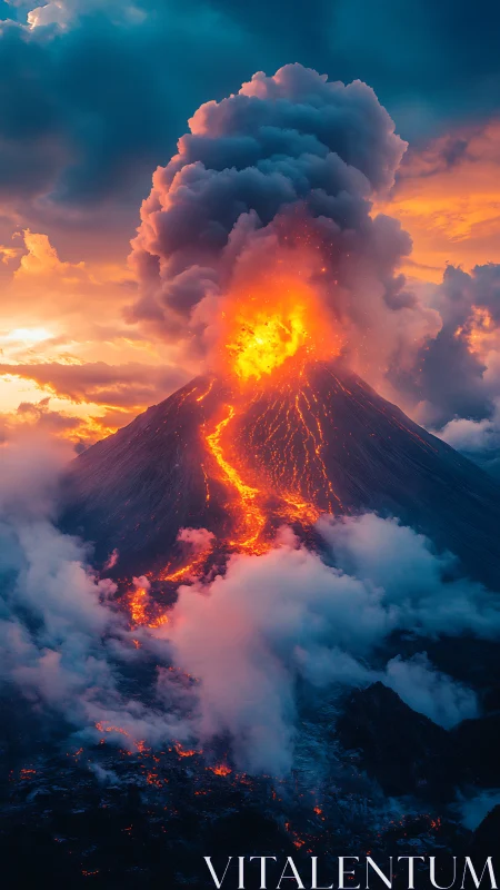 Erupting volcano illuminated by molten lava streams against twilight sky.