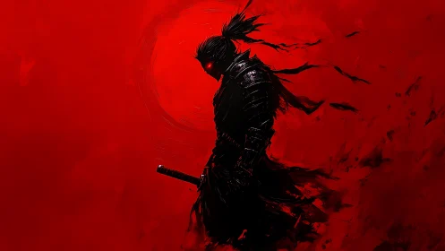 Armored shadow samurai stands against saturated red void