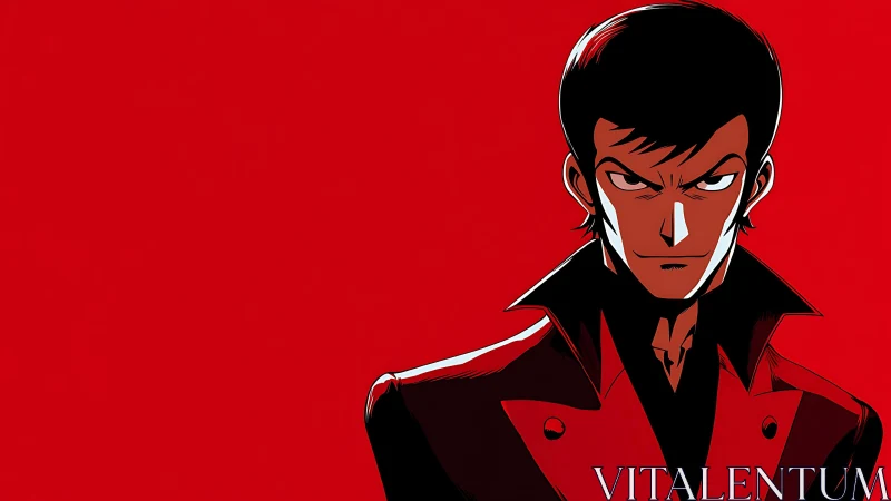 Sharp anime man in red coat on bold red background.