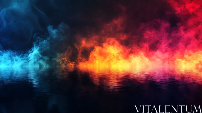 Colorful fire and smoke over dark reflective water surface.