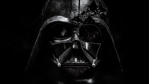 Burn-damaged black helmet is centered against dark background