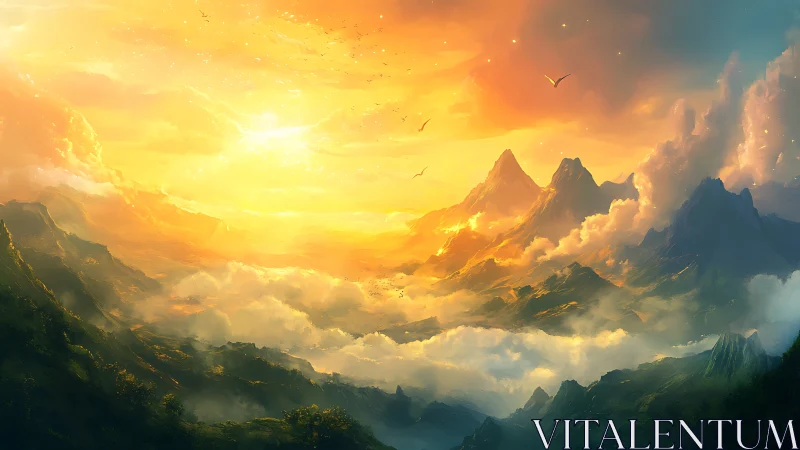 Radiant sunrise over misty fantasy mountain valley panorama.