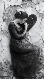 Woman in dark dress leaning against cracked heart wall.
