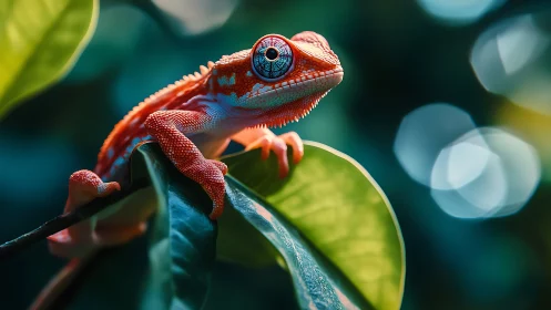 Bright red chameleon clings to glossy jungle leaves.