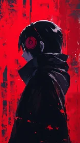 Side profile of hooded figure with headphones on red field.