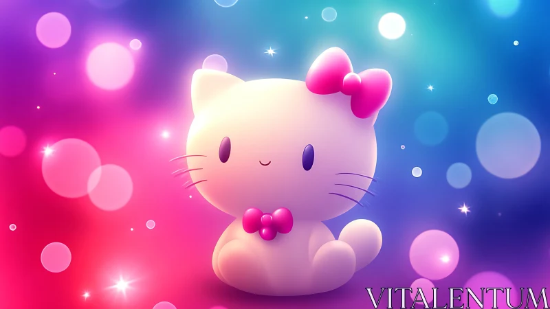Kawaii pastel cat mascot with pink bows on bokeh lights.