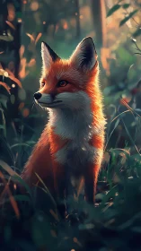 Red fox stands in sunlit forest clearing at dusk