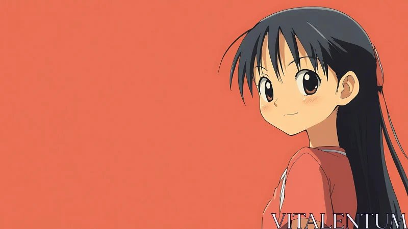 Warm coral skyline cradles a shy anime smile in profile