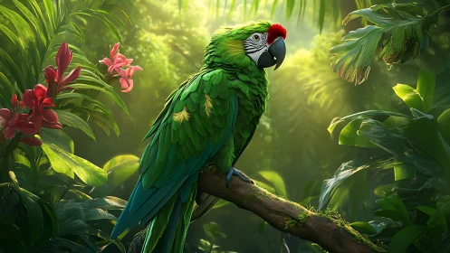 Macaw on mossy branch under diffused rainforest backlighting