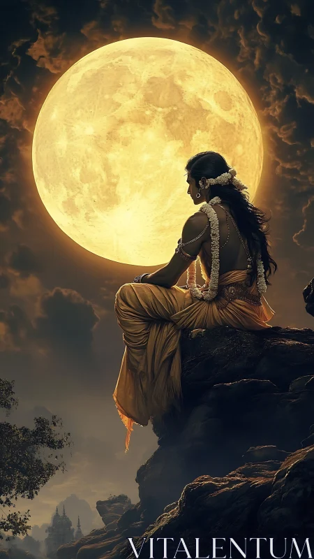 Moonlit deity in golden robes contemplates a silent night sky
