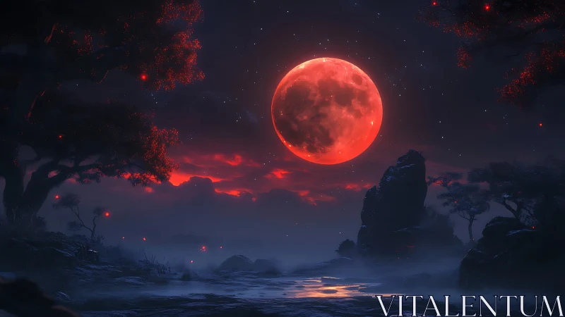 Red lunar disk over misty rocky landscape at night.