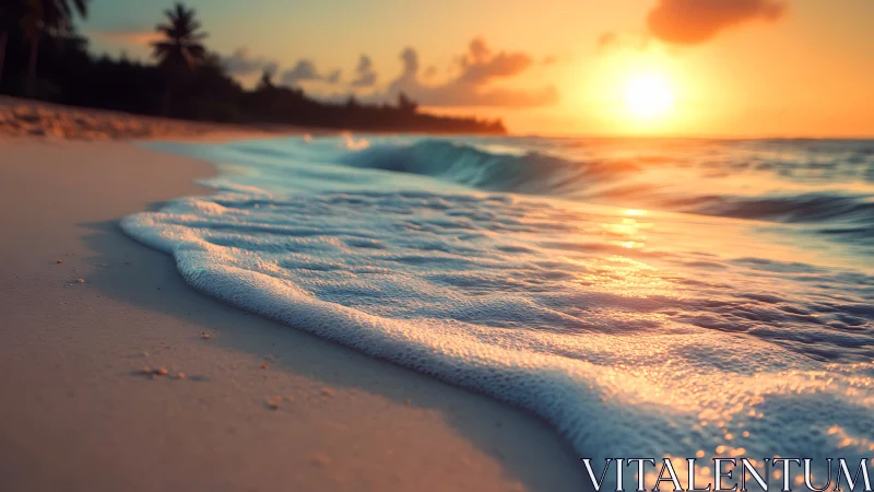 Sunlit shoreline where gentle waves whisper goodnight.