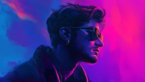 Side-profile portrait of man in sunglasses with neon light