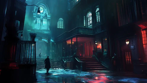 Noir figure in rain soaked neon lit urban courtyard.