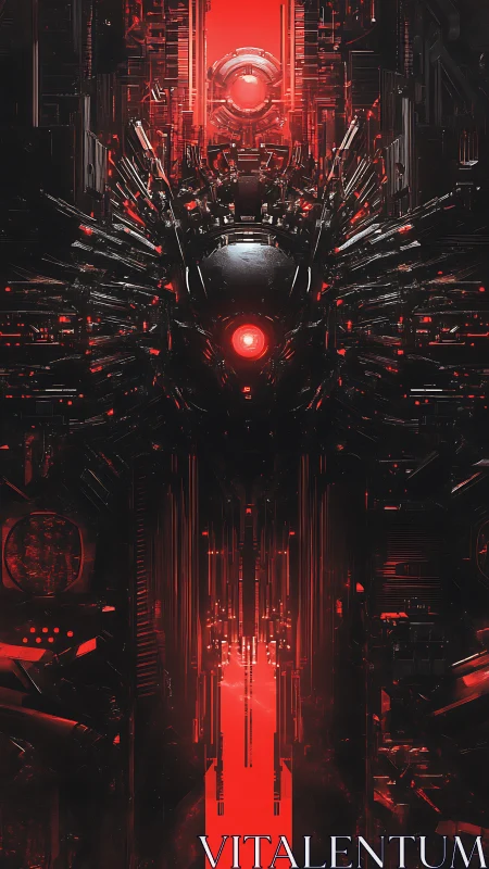 Crimson machine deity guarding a blazing digital abyss.