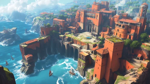 Sunlit cliffside citadel leans into turquoise, wind-tossed seas