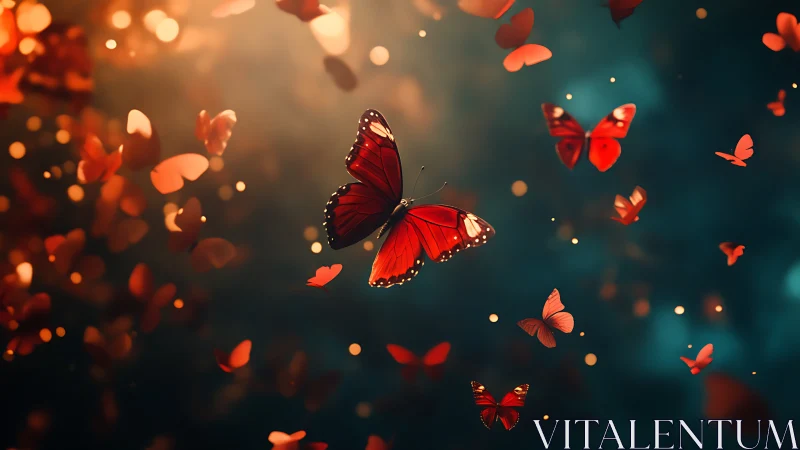 Radiant crimson butterflies drifting through bokeh dusk.