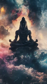 Cosmic meditating deity silhouette anchored in nebulous light