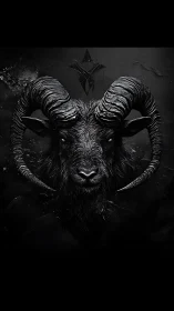 Midnight horned sentinel emerging from obsidian shadow.