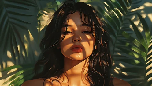 Sun-dappled muse in lush tropical palm light study.