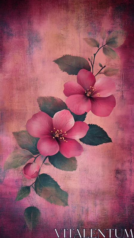 Floral Botanical Study with Pink Blooms and Dark Foliage