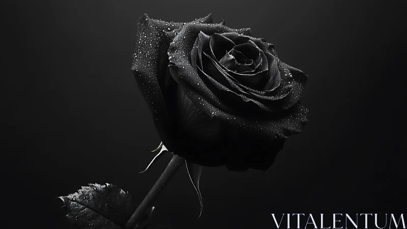 Black rose with dew glistens softly in dramatic darkness