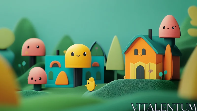 Playful pastel village with kawaii houses and mushroom forms.