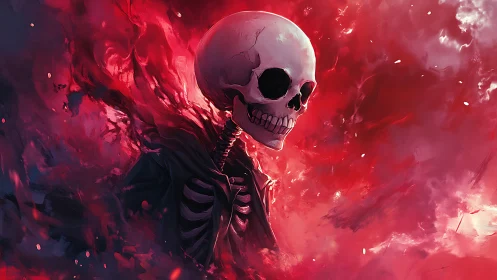 Flaming crimson skeleton emerging from swirling red void.