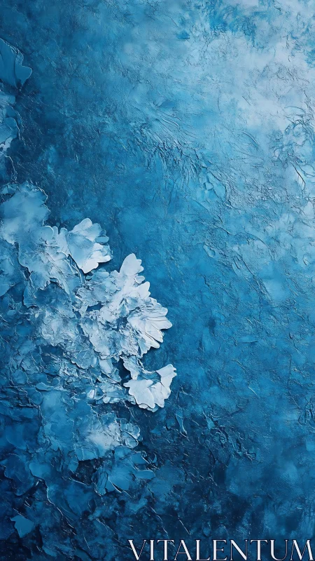 Textured cyan impasto abstraction with icy floral relief forms