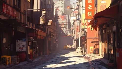 Narrow urban alley with faded shops and warm light.