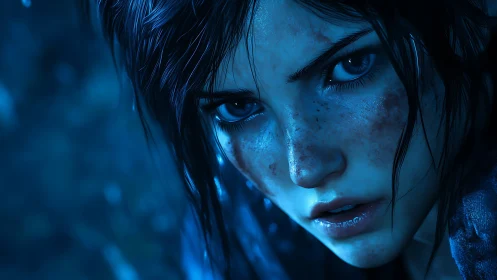 Cinematic blue-lit heroine portrait with hyperreal shaders.