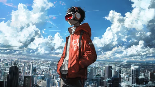 Headphoned figure in red jacket above expansive cityscape.