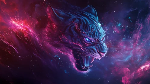 Neon blue tiger head rendered in cosmic vapor field.